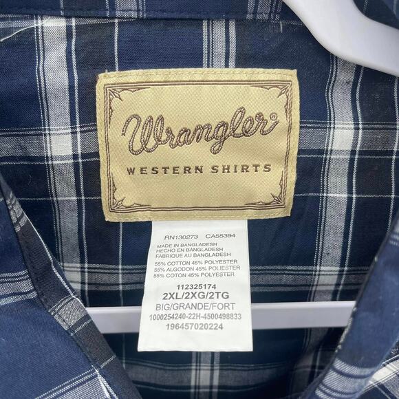 Wrangler Pearl Snap Western Shirt Mens 2XL Big Blue White Plaid Long Sleeve - Picture 6 of 6